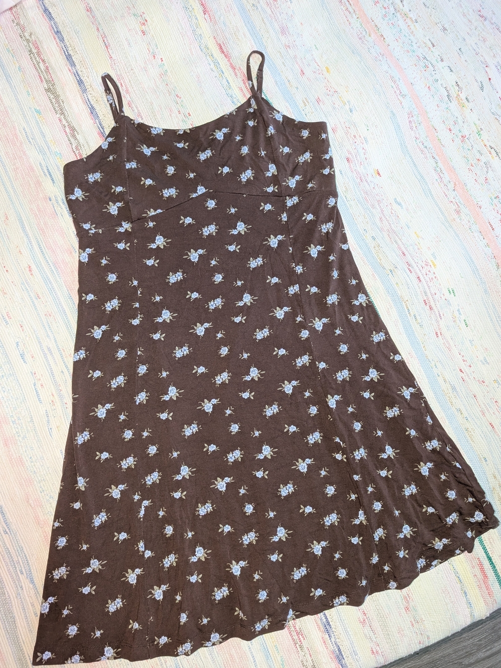 Brown Floral Spaghetti Strap Slip Dress with Blue Flowers